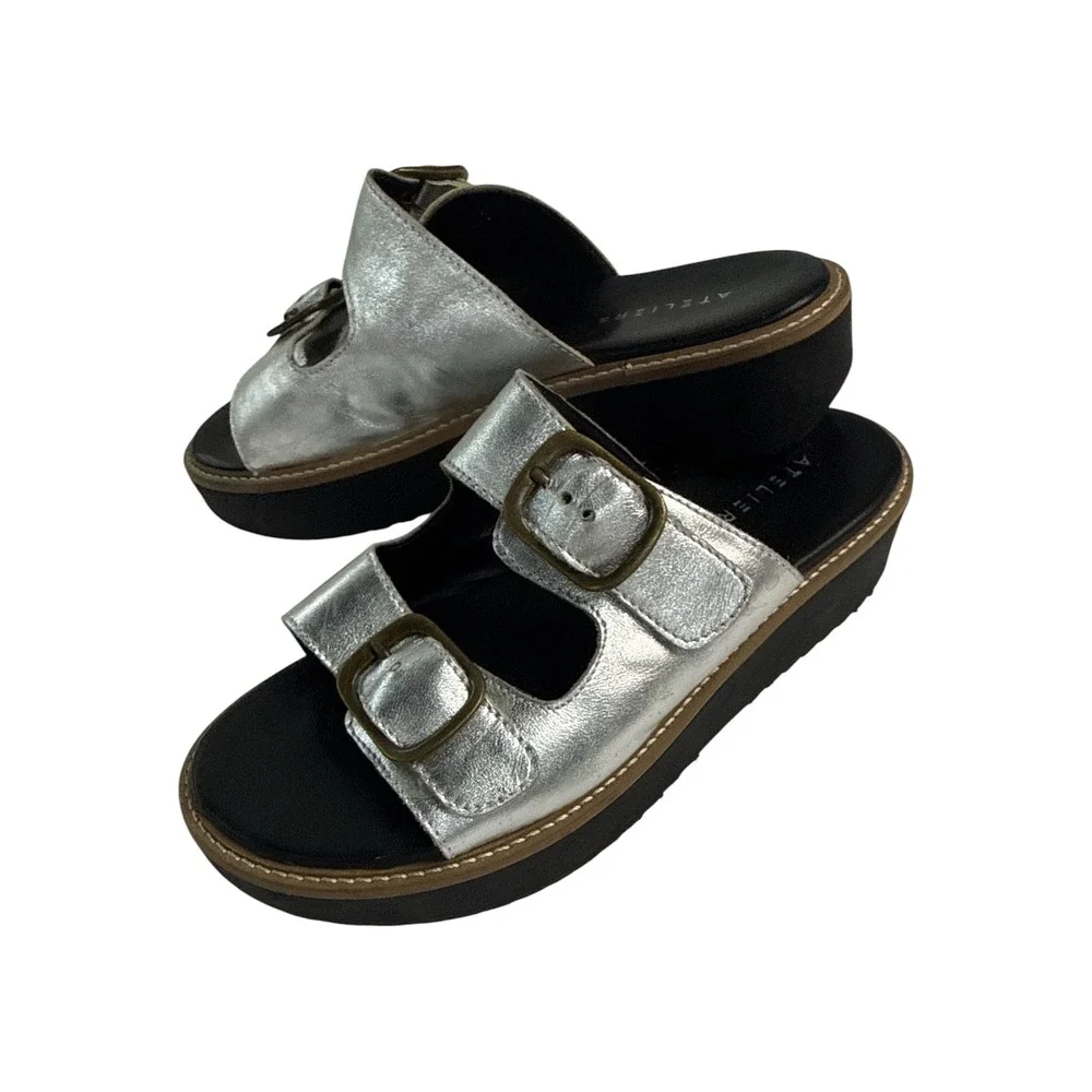 NWOT Ateliers Silver Metallic Double Buckle Platform Slide Sandal EU 37 US 6.5